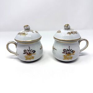 Sadek G-1068 Pot De Creme Cups Lidded Gold Floral White Porcelain Pair